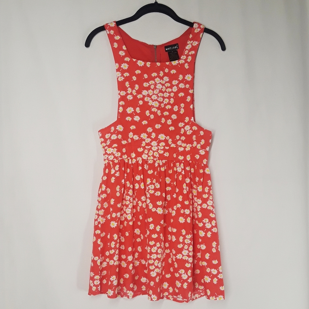 WET SEAL Coral Orange White Yellow Floral Open Side Sleeveless Fit Flare Dress S